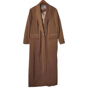 Ben Marc Brown Long Duster Jacket 16 Brown Lined Leopard Print Trim Womens